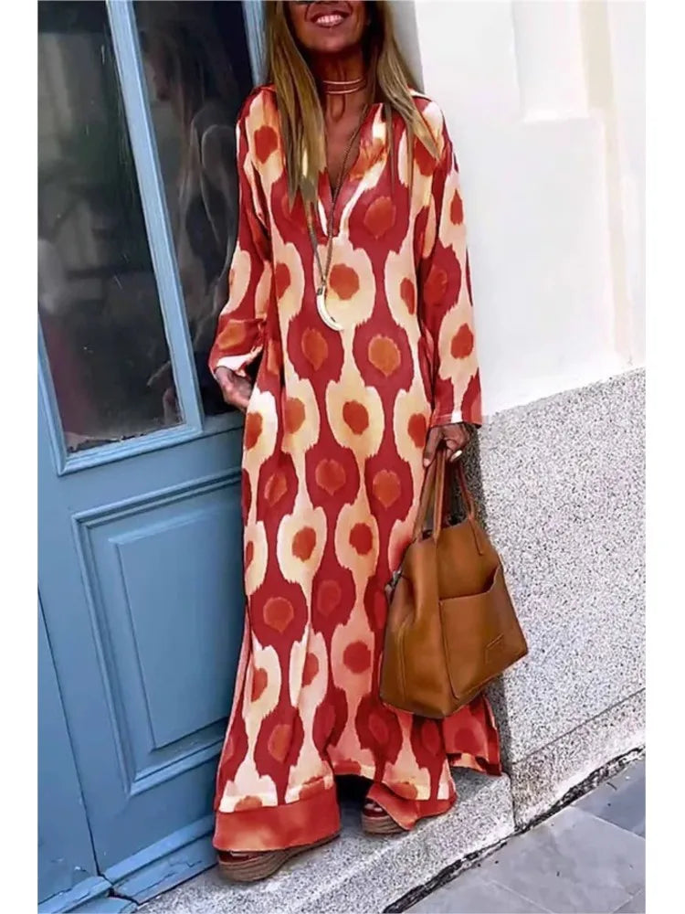 Geometric Printing Split Autumn V Neck Boho Dress InsStreet