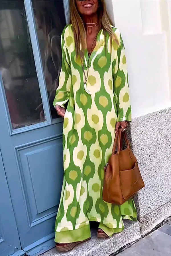 Geometric Printing Split Autumn V Neck Boho Dress InsStreet