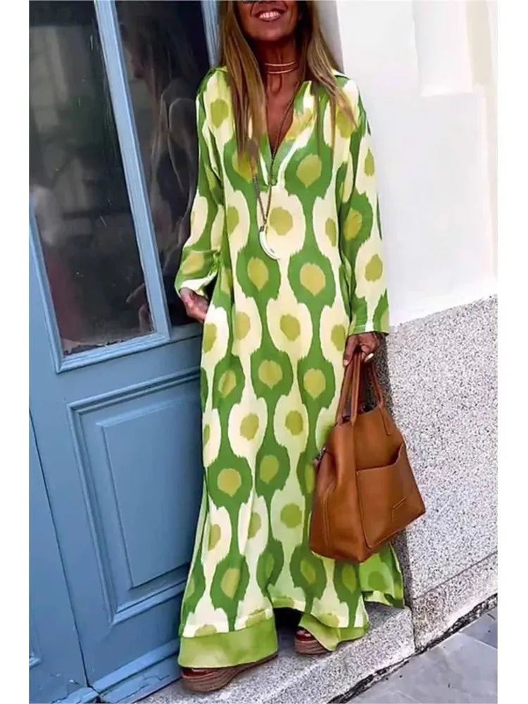 Geometric Printing Split Autumn V Neck Boho Dress InsStreet