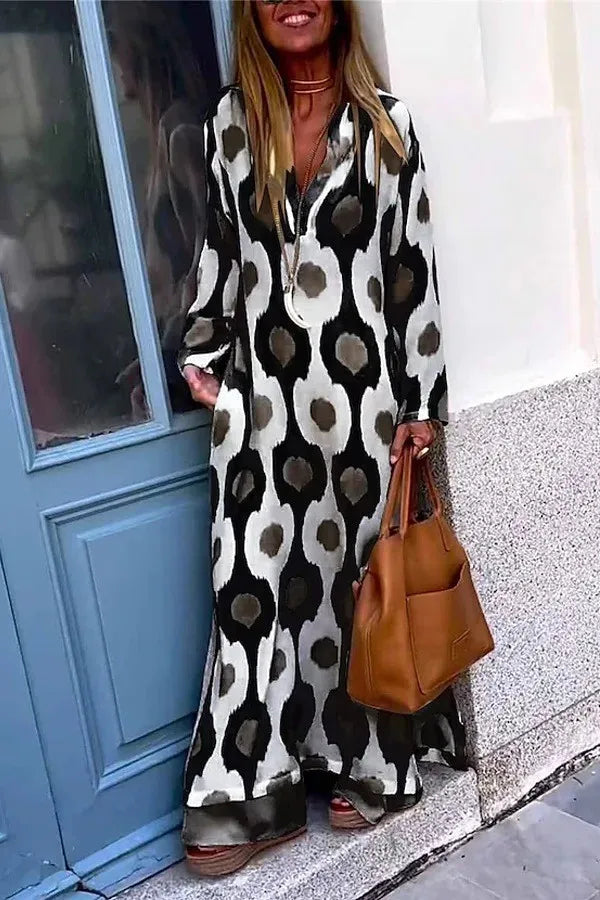 Geometric Printing Split Autumn V Neck Boho Dress InsStreet