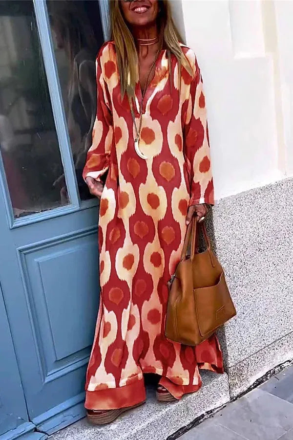 Geometric Printing Split Autumn V Neck Boho Dress InsStreet