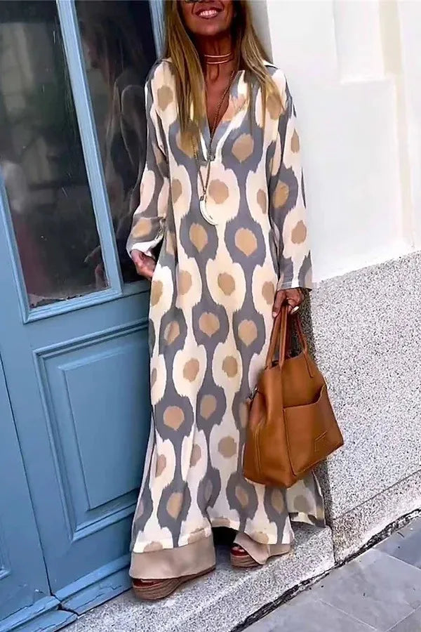 Geometric Printing Split Autumn V Neck Boho Dress InsStreet