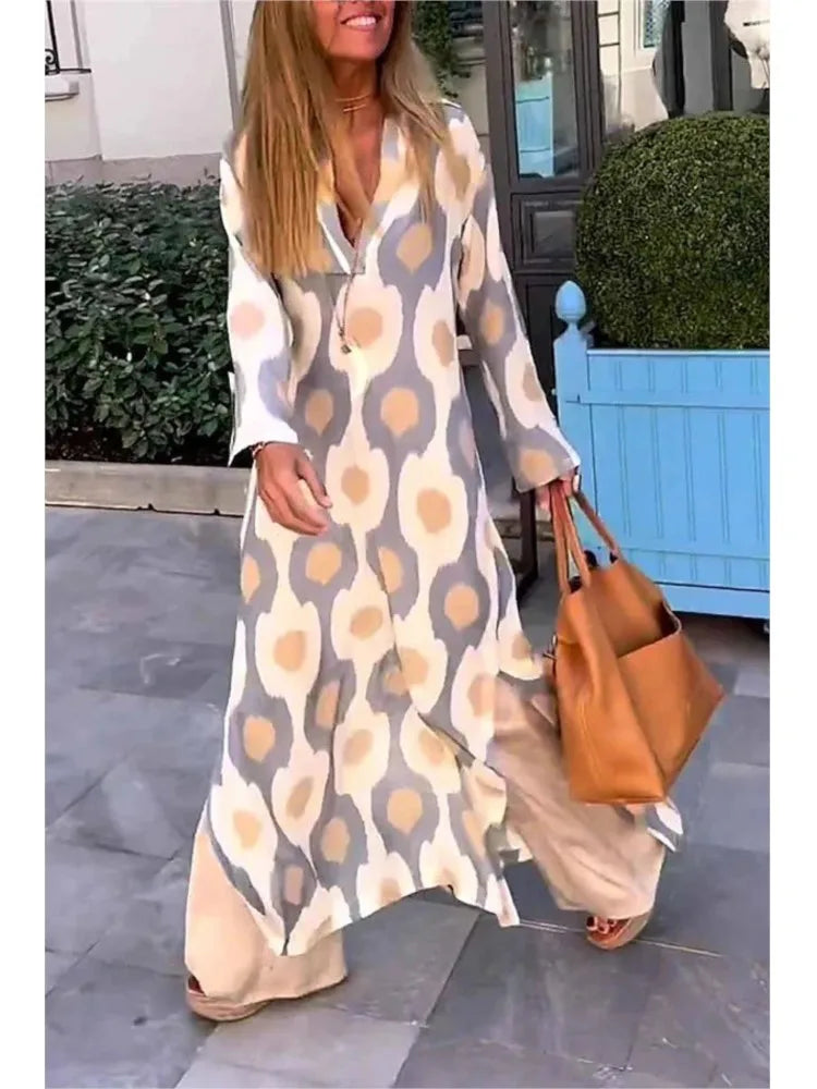 Geometric Printing Split Autumn V Neck Boho Dress InsStreet