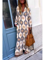 Geometric Printing Split Autumn V Neck Boho Dress InsStreet