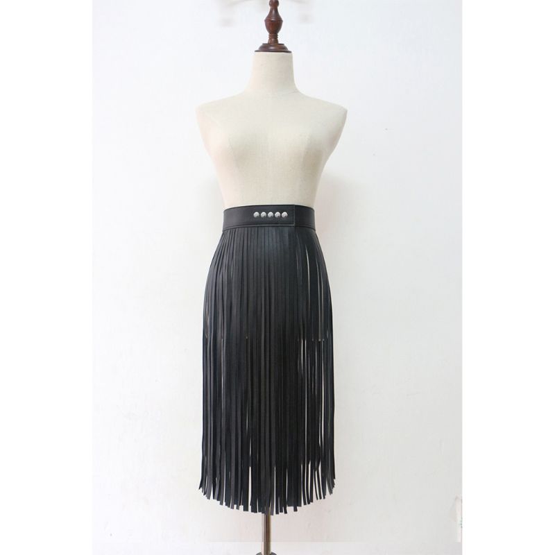 High Waist Faux Leather Fringe Tassels Skirt InsStreet