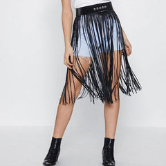 High Waist Faux Leather Fringe Tassels Skirt InsStreet