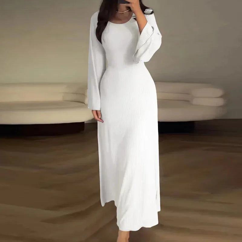 Patchwork Bandaged Round-necked Slim-fitted Long-sleeved Street-ready Ankle-length Maxi Dress InsStreet