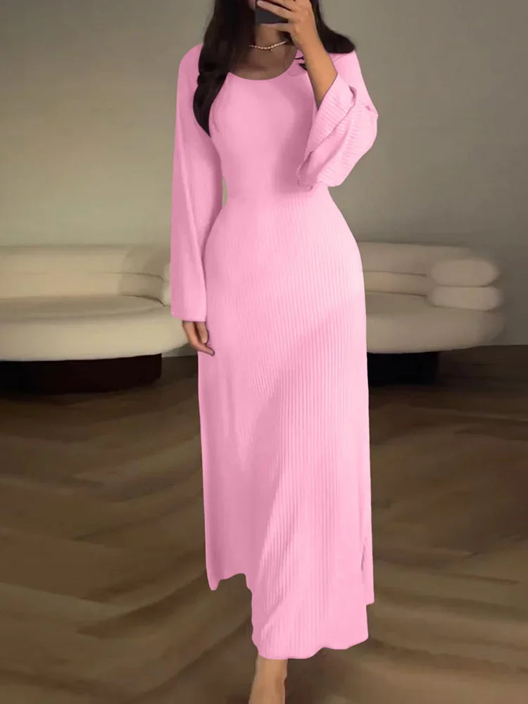 Patchwork Bandaged Round-necked Slim-fitted Long-sleeved Street-ready Ankle-length Maxi Dress InsStreet