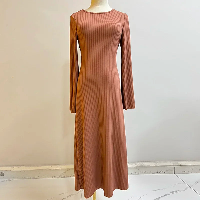 Patchwork Bandaged Round-necked Slim-fitted Long-sleeved Street-ready Ankle-length Maxi Dress InsStreet