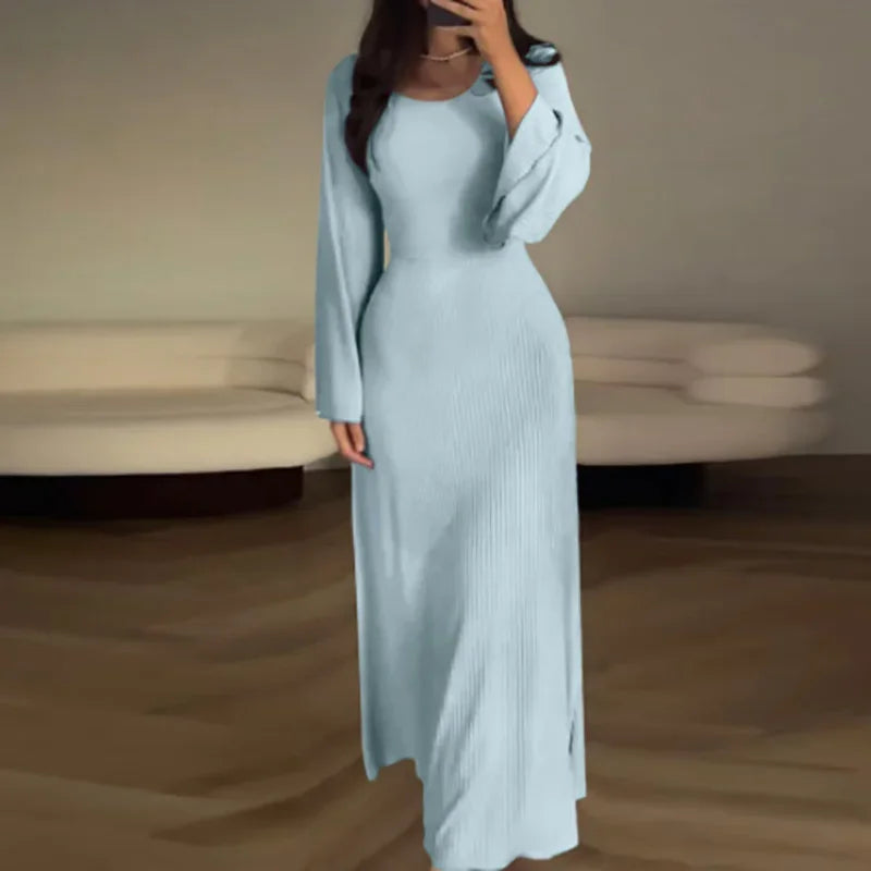 Patchwork Bandaged Round-necked Slim-fitted Long-sleeved Street-ready Ankle-length Maxi Dress InsStreet