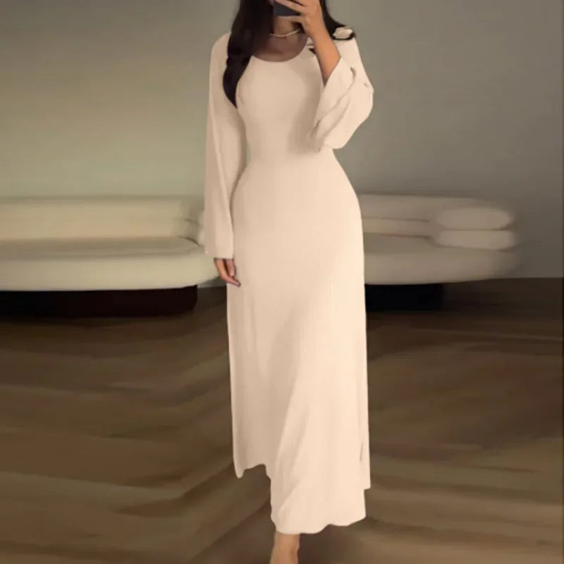 Patchwork Bandaged Round-necked Slim-fitted Long-sleeved Street-ready Ankle-length Maxi Dress InsStreet