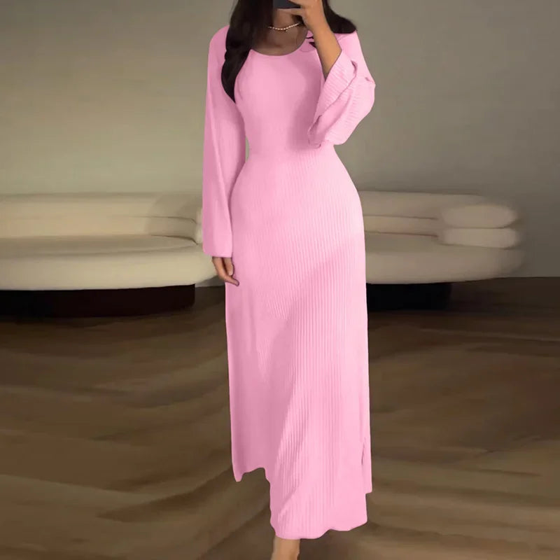 Patchwork Bandaged Round-necked Slim-fitted Long-sleeved Street-ready Ankle-length Maxi Dress InsStreet