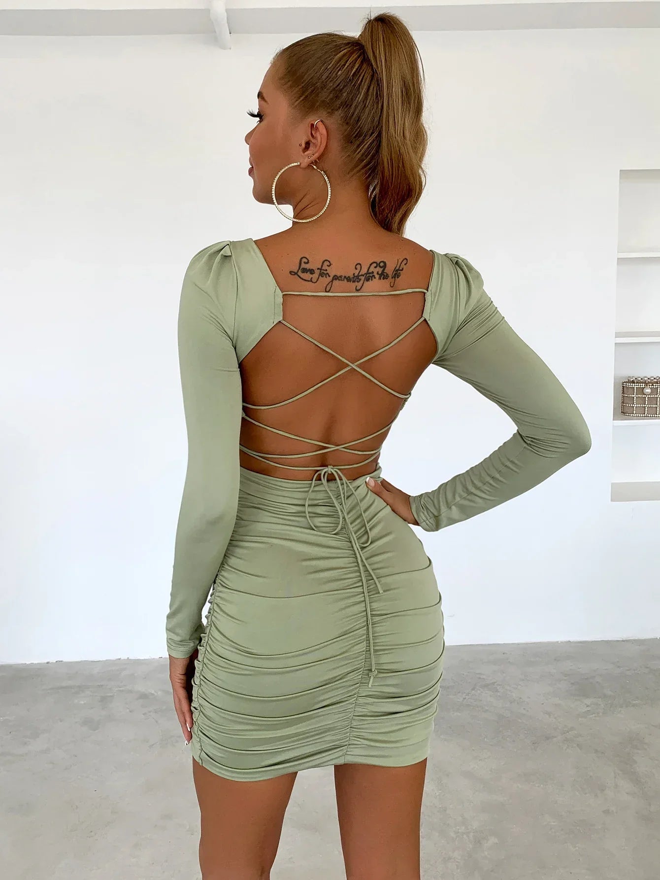 Women Long Sleeve Square Neck Bodycon Mini Dress InsStreet