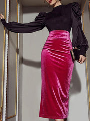 Velvet Slim Knee Length High Waist Stretch Sexy Slit Pencil Skirt InsStreet