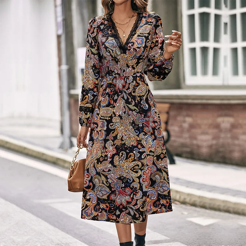 Autumn Sweet Fresh Bohemian Long Sleeve Floral Boho Dress InsStreet