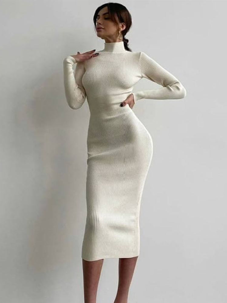 Elegant Solid Bodycon Long Sleeve Sweater Dress InsStreet