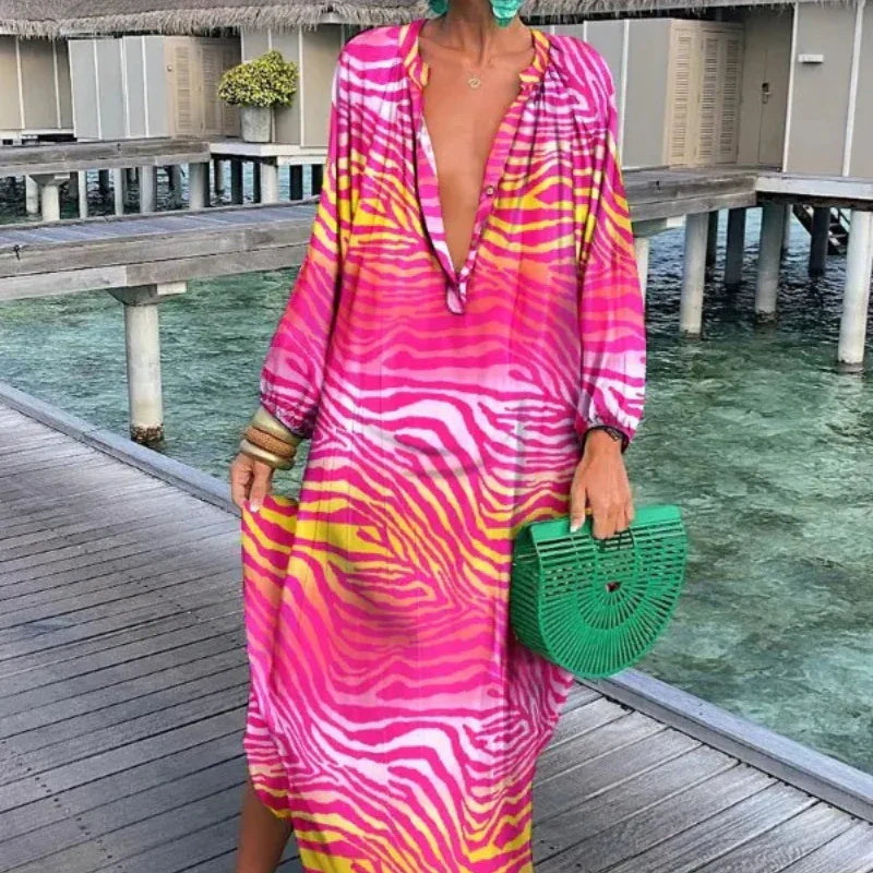 Women Boho Print Long Sleeve Maxi Dress InsStreet