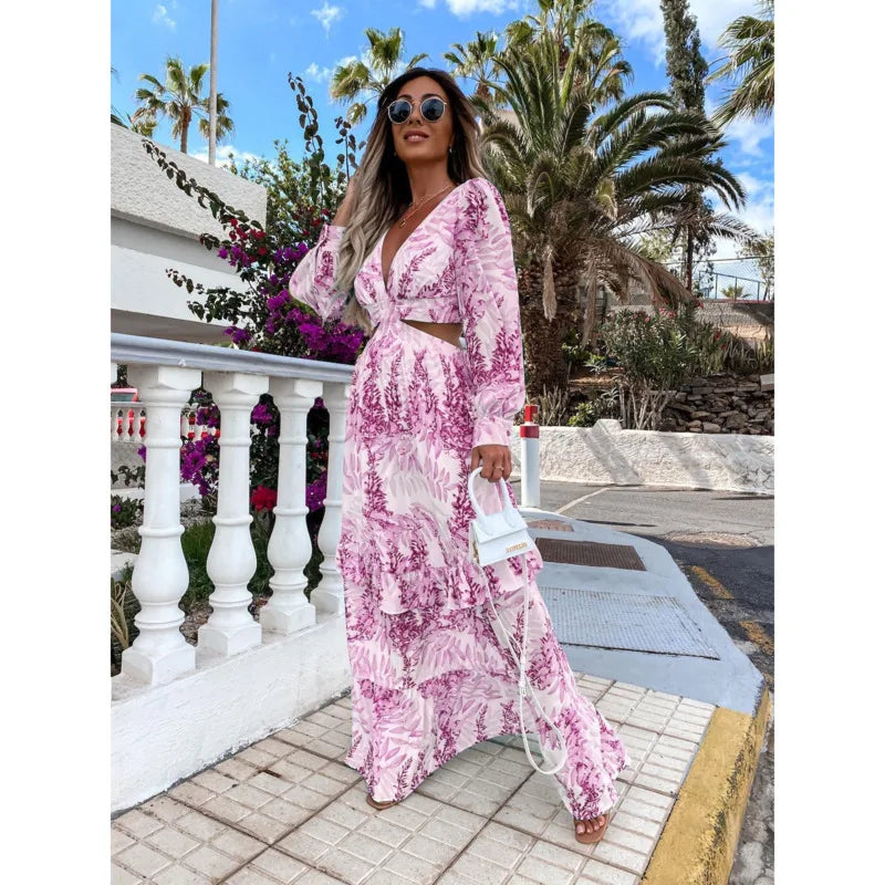 Women Boho Print Long Sleeve Maxi Dress InsStreet