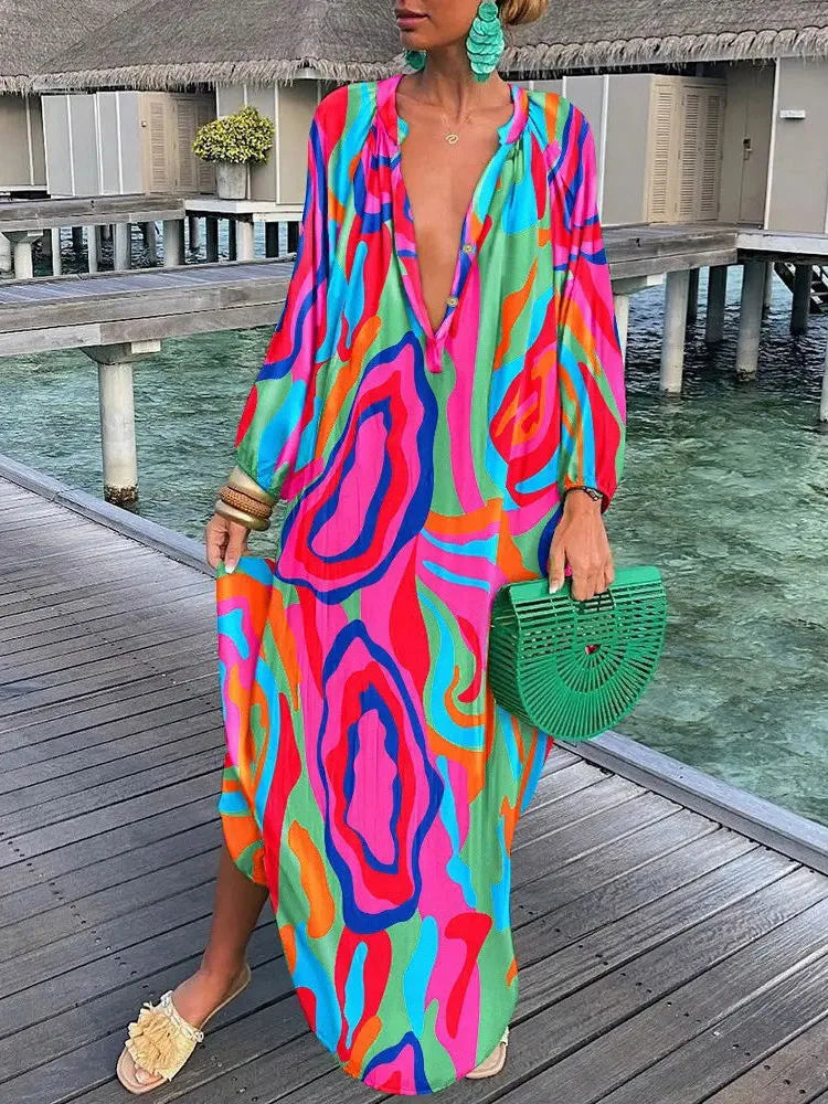 Women Boho Print Long Sleeve Maxi Dress InsStreet