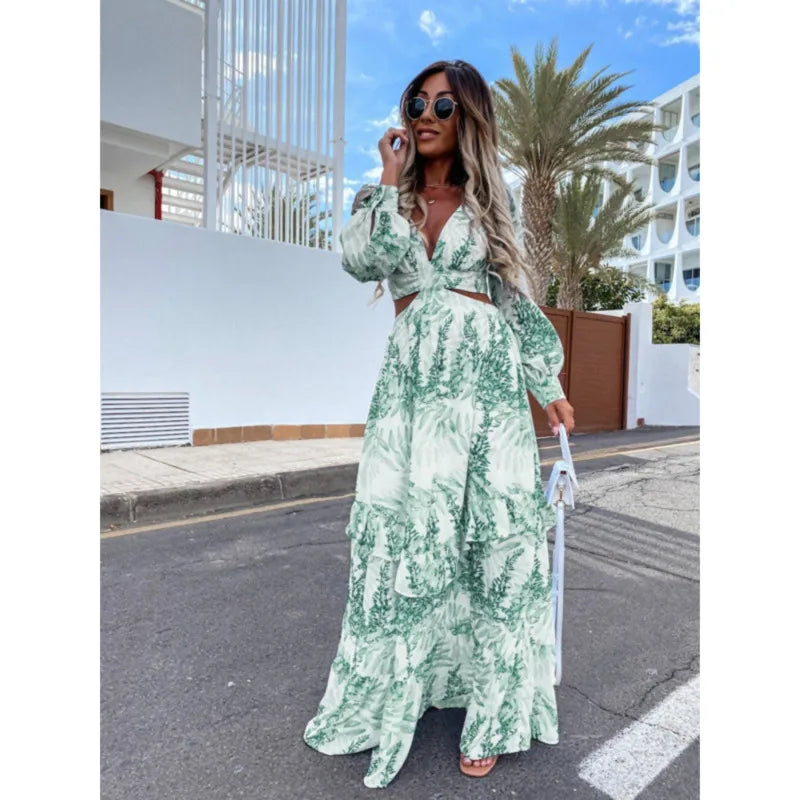 Women Boho Print Long Sleeve Maxi Dress InsStreet