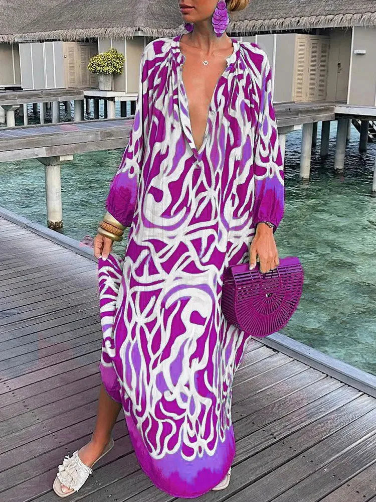 Women Boho Print Long Sleeve Maxi Dress InsStreet