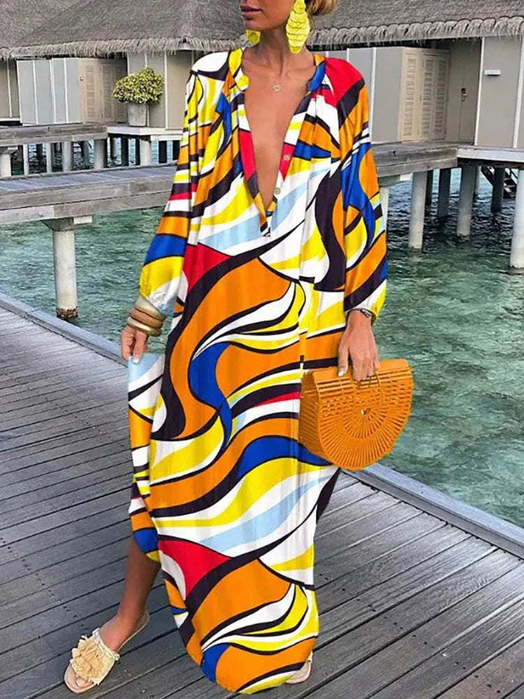 Women Boho Print Long Sleeve Maxi Dress InsStreet