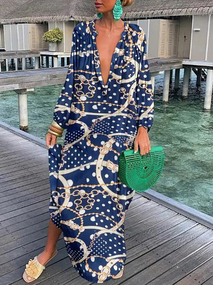 Women Boho Print Long Sleeve Maxi Dress InsStreet