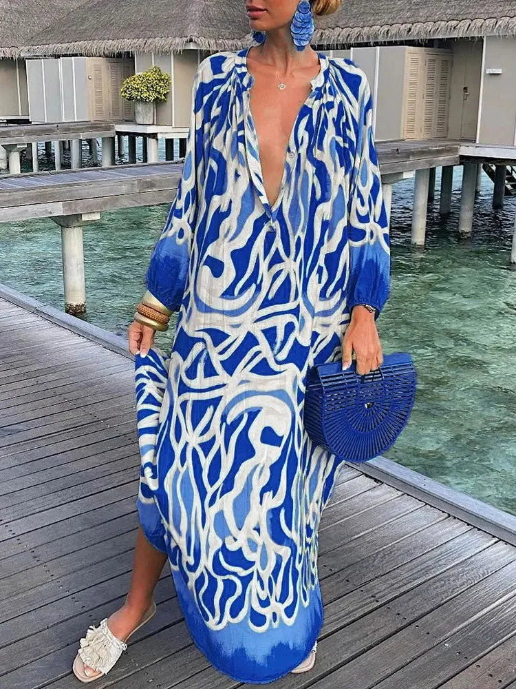 Women Boho Print Long Sleeve Maxi Dress InsStreet