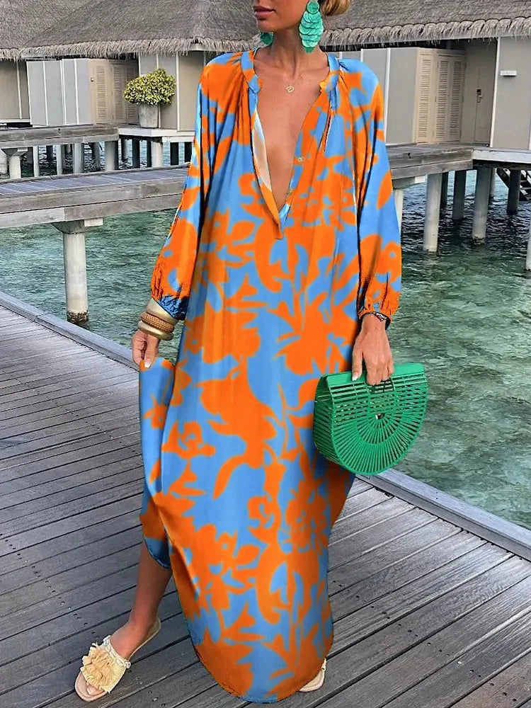 Women Boho Print Long Sleeve Maxi Dress InsStreet