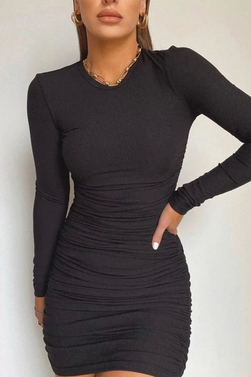 Fashionable Autumn Winter Sexy Elegant Solid Long Sleeve Mini Bodycon Dress InsStreet