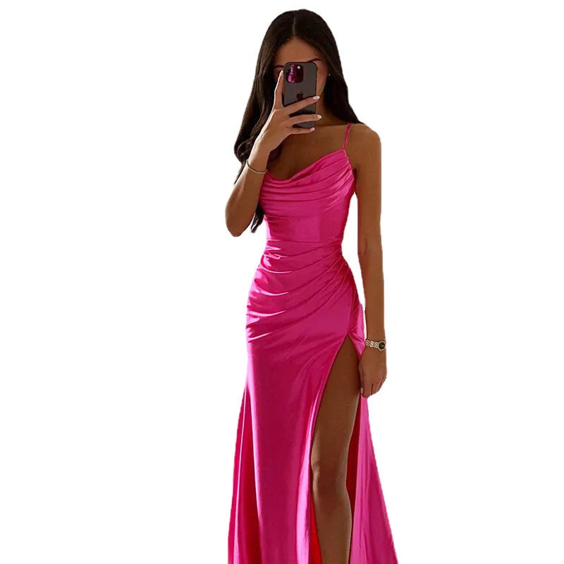 Elegant Fashionable Sexy Summer Solid Slit Pleated Maxi Bodycon Dress InsStreet