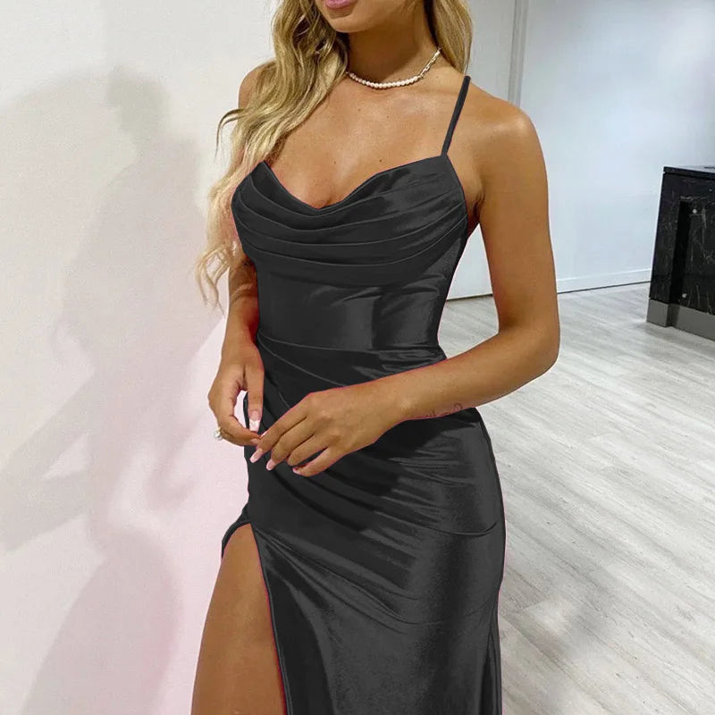 Elegant Fashionable Sexy Summer Solid Slit Pleated Maxi Bodycon Dress InsStreet