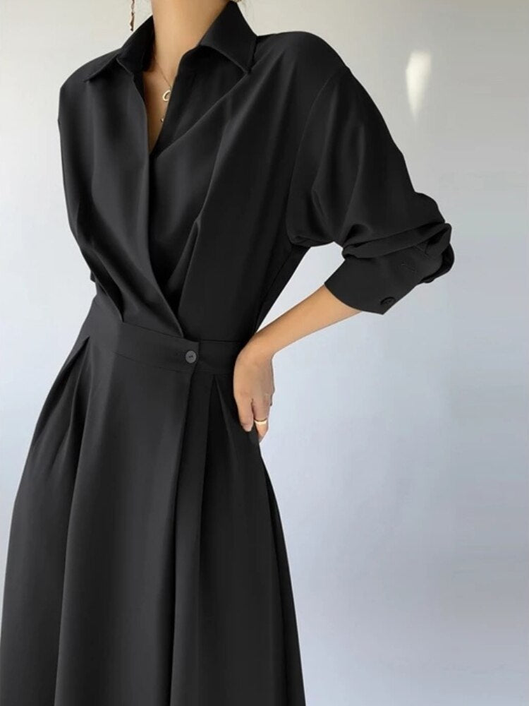 Elegant Casual A-Line Long Sleeve Slim Waist Black Vestidos Dress InsStreet