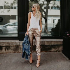 Sequin Elastic Waist Lace-up Long Pants InsStreet