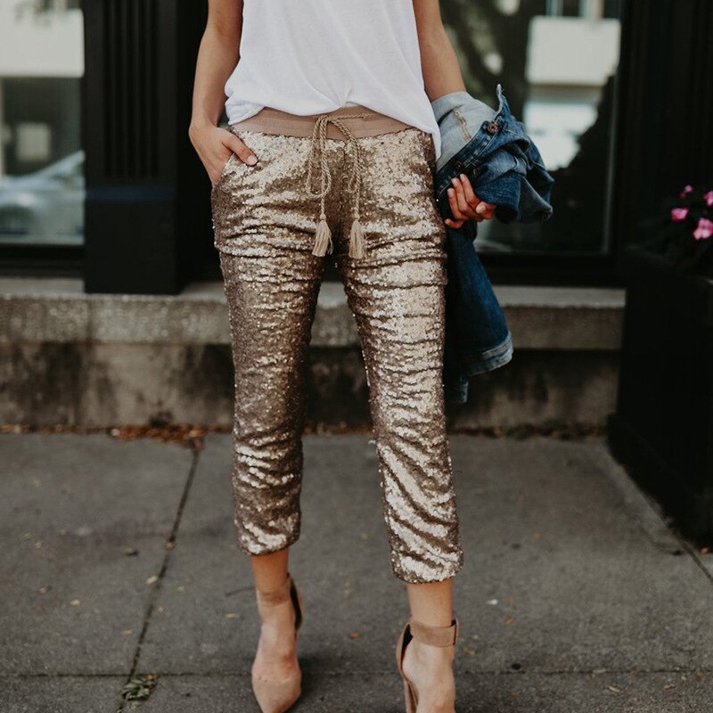 Sequin Elastic Waist Lace-up Long Pants InsStreet