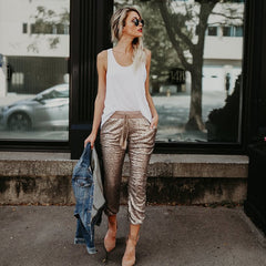 Sequin Elastic Waist Lace-up Long Pants InsStreet