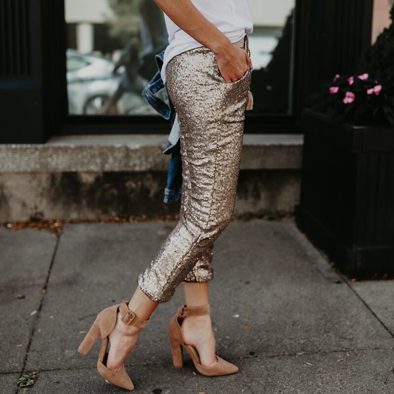 Sequin Elastic Waist Lace-up Long Pants InsStreet