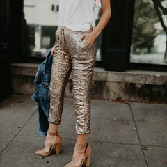 Sequin Elastic Waist Lace-up Long Pants InsStreet