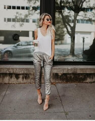 Sequin Elastic Waist Lace-up Long Pants InsStreet