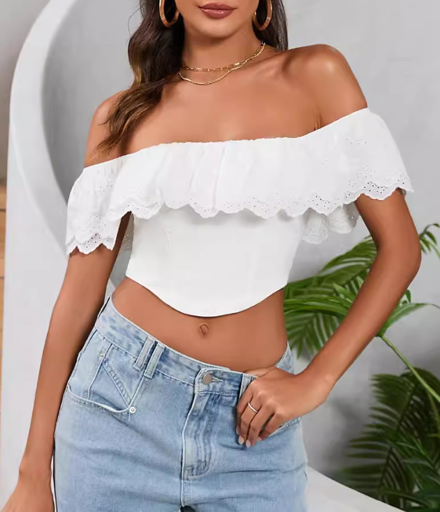 Taine Off The Shoulder Scalloped Crop Top - White Ins Street