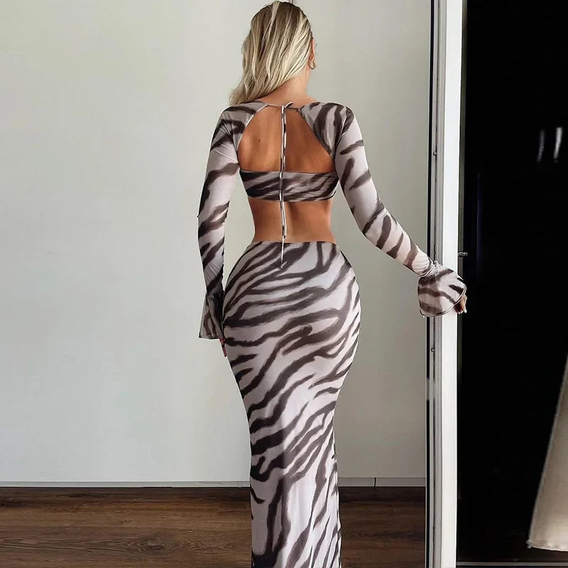 Zebra Print Y2K Skirt Two Piece Set Long Sleeve Backless Crop Top and Skirt Suit Maxi Dress InsStreet