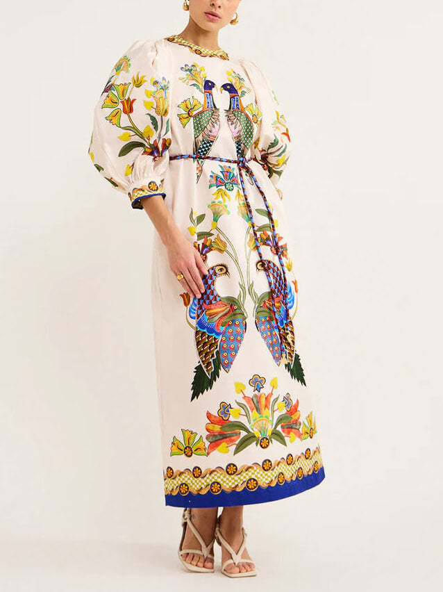 Exquisite And Fun Printed Puff Trendy Sleeves Loose Casual Midi Dress InsStreet