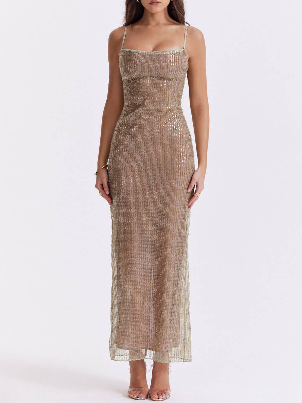 Cafe Au Lait Charming Beaded Maxi Dress InsStreet