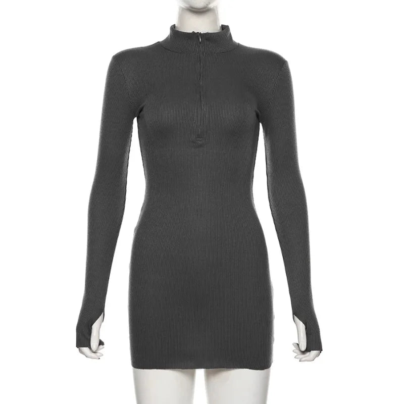 Stretch Ribbed Knitted Turtleneck Mini Dress InsStreet