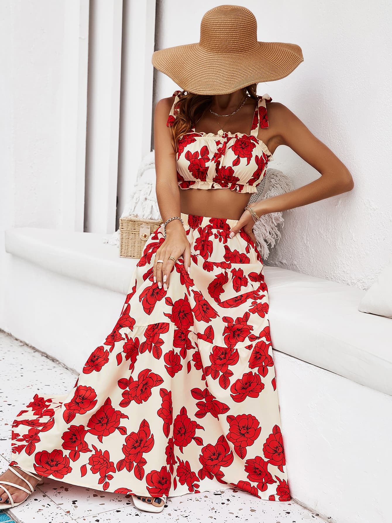 Skirt Tie Tiered Top with Full-Length Flowered Shoulder Set InsStreet