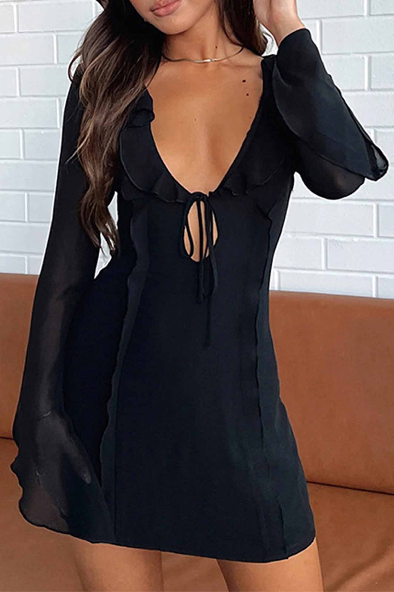 Long Sleeved Ruffled Mini Dress with Lace Up Detail InsStreet