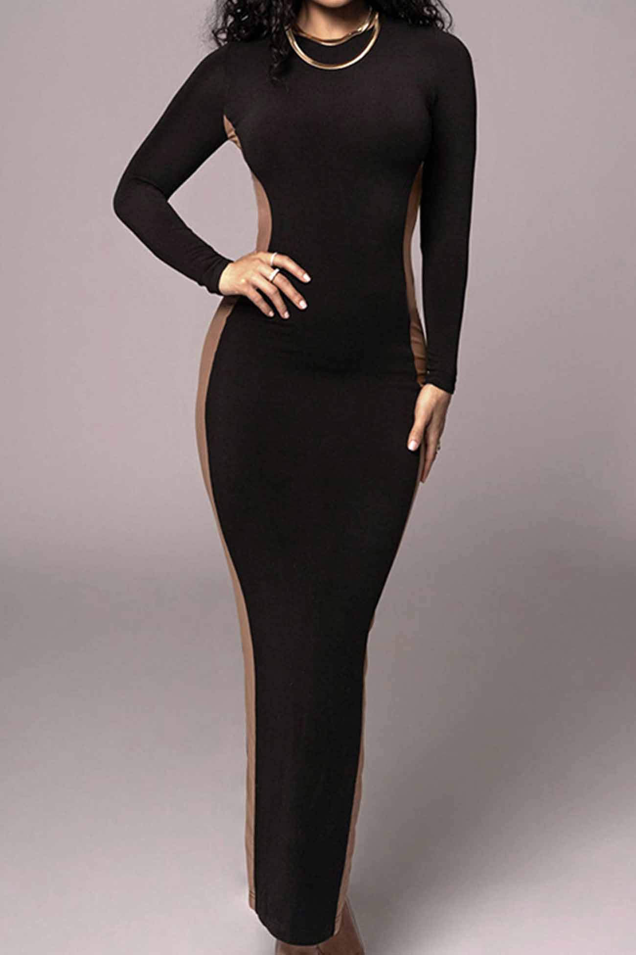 Crew Neck Long Sleeve Slit Midi Dress InsStreet