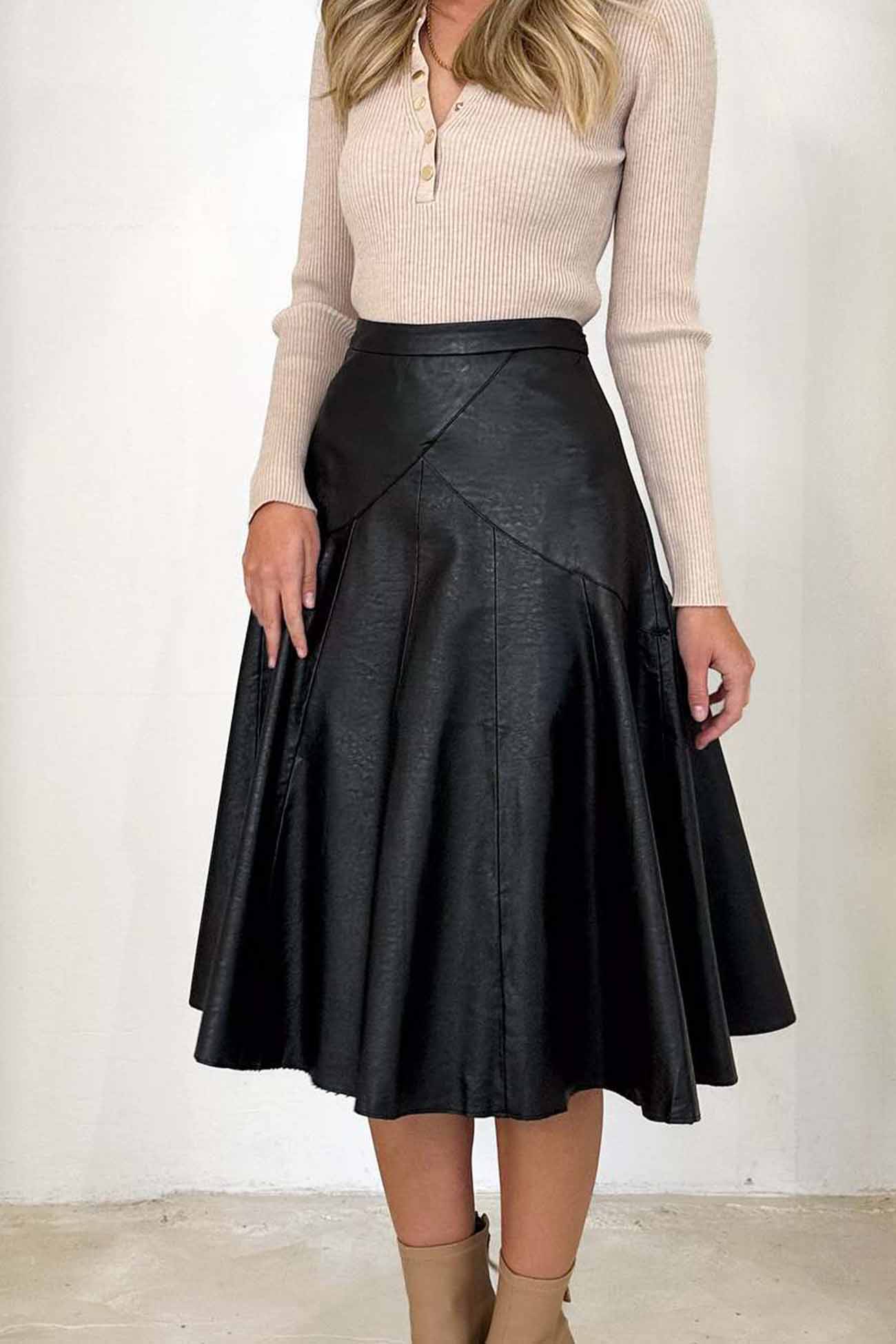 High Waist Pleated Midi Skirt crafted from Leather InsStreet