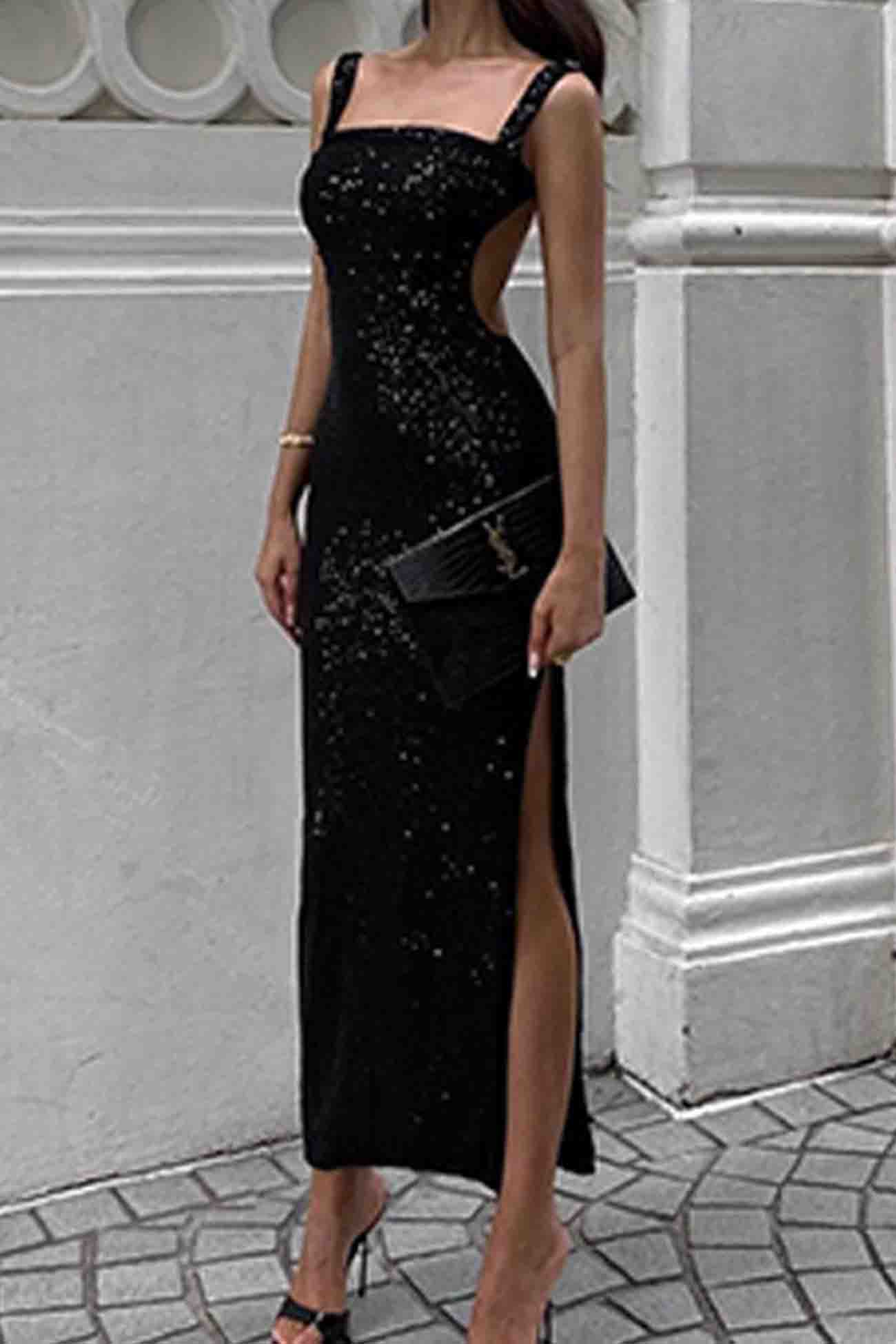 Sequined Backless Dress with Irregular Straps InsStreet