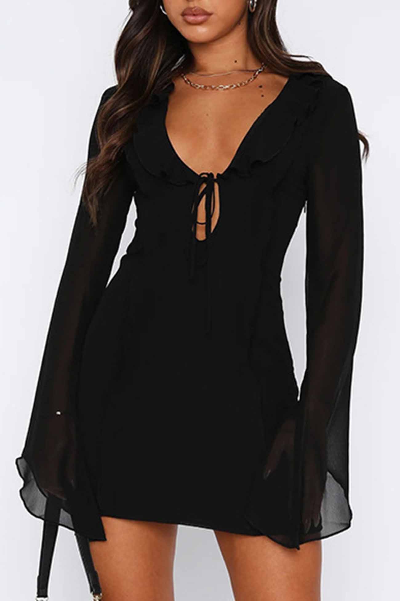 Long Sleeved Ruffled Mini Dress with Lace Up Detail InsStreet